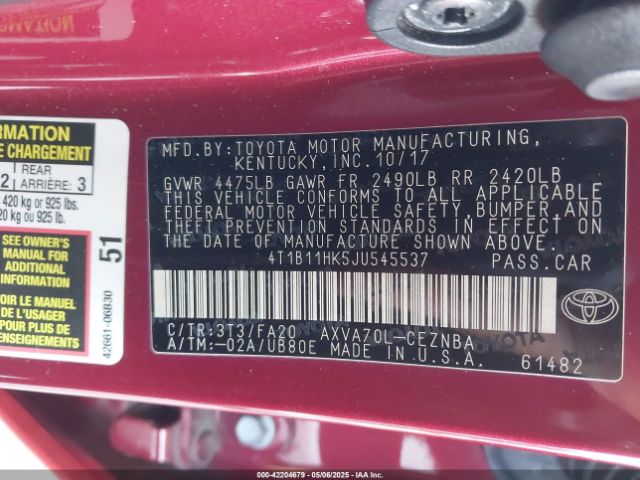 4T1B11HK5JU545537 Toyota CAMRY LE
