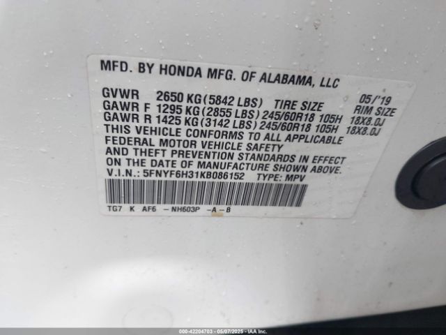 5FNYF6H31KB086152 Honda Pilot Ex