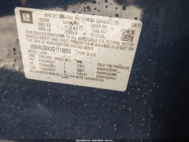 Chevrolet EQUINOX LT 2016 2GNALCEK2G1110853 Image 9