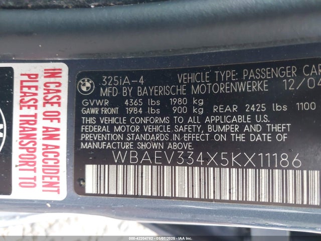 Продаж на аукціоні авто 2005 Bmw 325i, vin: WBAEV334X5KX11186, номер лоту: 42204782