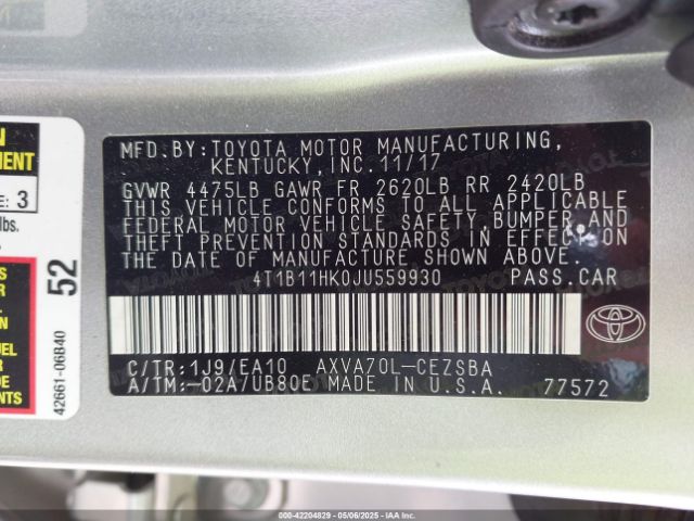2018 TOYOTA CAMRY 4T1B11HK0JU559930 Photo 8