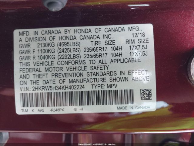 2HKRW5H34KH402224 Honda k24w9/k24v9