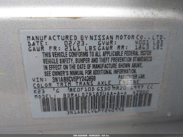 3N1AB8CV6PY240998 Nissan Sentra Sv Xtronic Cvt