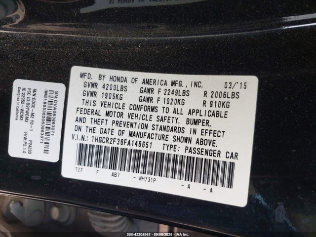 1HGCR2F36FA146651 Honda k24w1