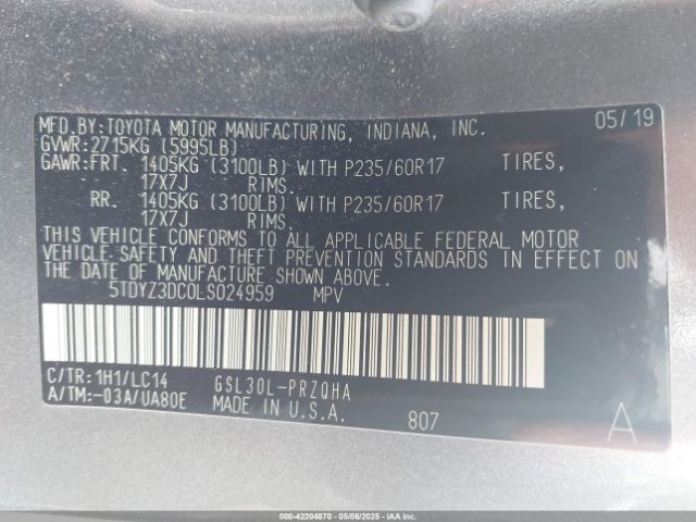 5TDYZ3DC0LS024959 Toyota SIENNA XLE