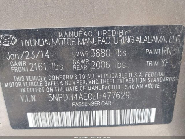 5NPDH4AE0EH477629 Hyundai Elantra Limited