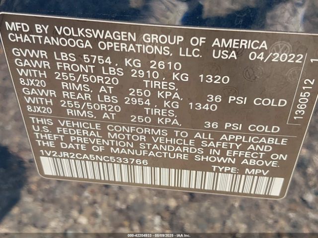 1V2JR2CA5NC533766 Volkswagen Atlas 3.6l V6 Se W/technology