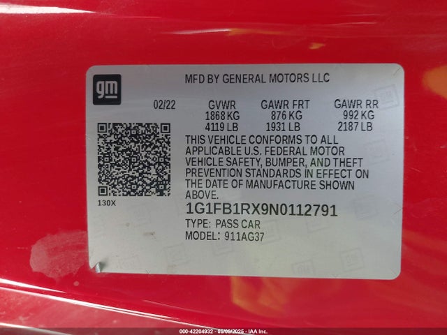1G1FB1RX9N0112791 Chevrolet ltg - spark ignited direct injection, variable valve timing, alum dohc, dcvcp turbo, e0-e100, alum