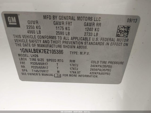 1GNALBEK7EZ105386 Chevrolet EQUINOX 1LT
