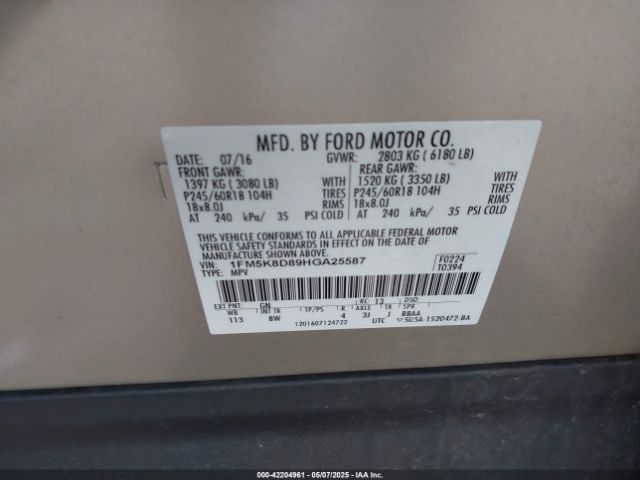 1FM5K8D89HGA25587 Ford EXPLORER XLT