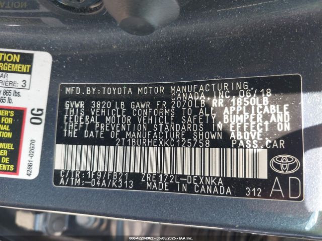 2T1BURHEXKC125758 Toyota COROLLA LE