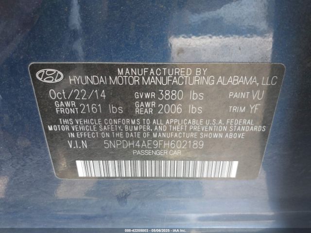 5NPDH4AE9FH602189 Hyundai ELANTRA SE