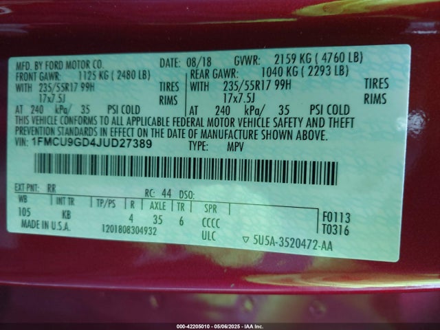 1FMCU9GD4JUD27389 Ford ESCAPE SE