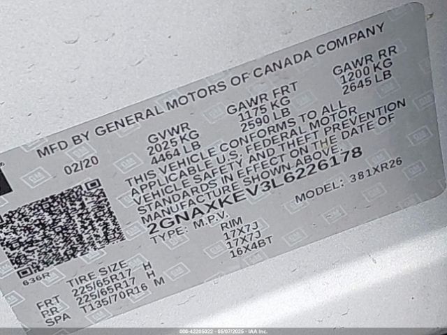 2GNAXKEV3L6226178 Chevrolet Equinox Fwd Lt 1.5l Turbo