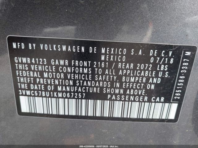 3VWC57BU1KM067257 Volkswagen Jetta 1.4t R-line/1.4t S/1.4t Se