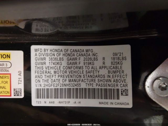 2HGFE2F28NH532455 Honda Civic Lx