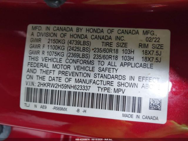 2HKRW2H59NH623337 Honda Cr-v Awd Ex