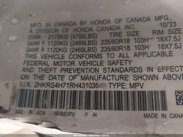 2HKRS4H71RH431036 Honda Cr-v Ex-l Awd