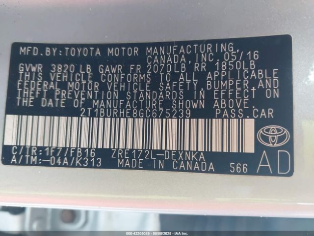 2T1BURHE8GC675239 Toyota Corolla Le Plus