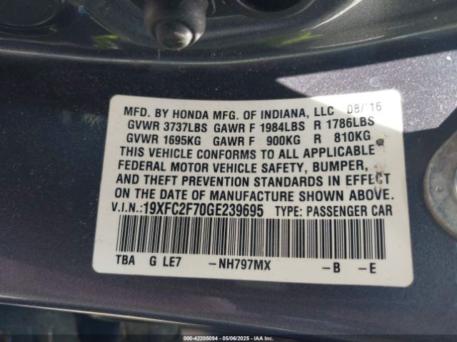 2016 HONDA CIVIC 19XFC2F70GE239695 Photo 8