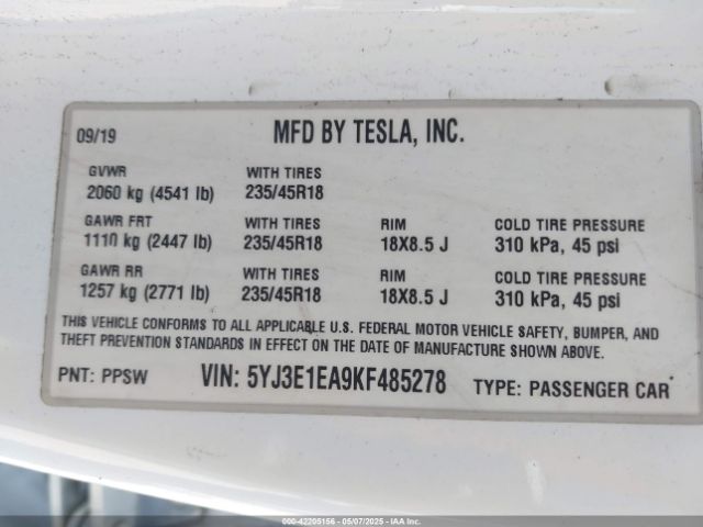 2019 TESLA MODEL 3 5YJ3E1EA9KF485278 Photo 8