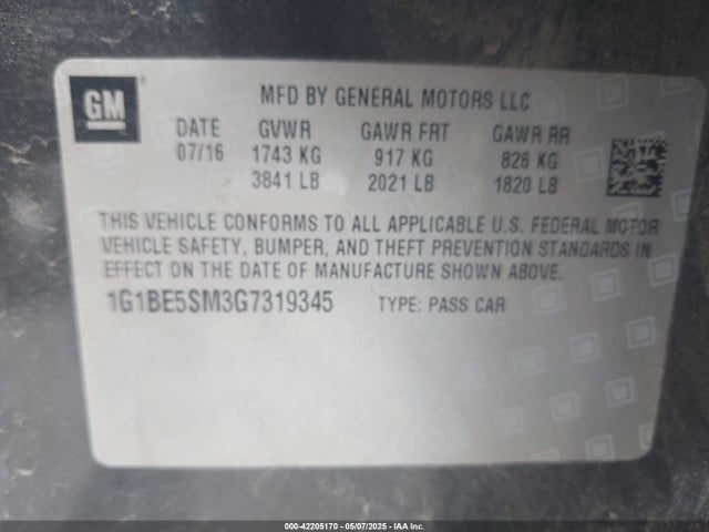1G1BE5SM3G7319345 Chevrolet Cruze Lt Auto