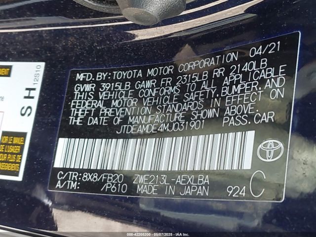 JTDEAMDE4MJ031901 Toyota 2zr-fxe, 1nm