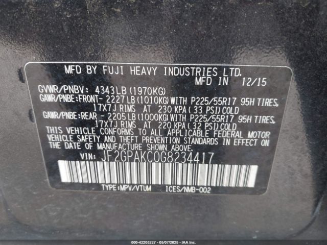 JF2GPAKC0G8234417 Subaru Crosstrek 2.0i Limited