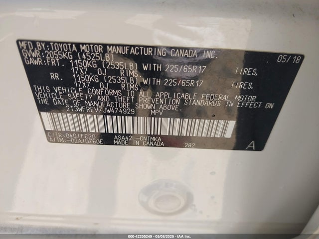 2T3WFREV7JW474929 Toyota Rav4 Xle