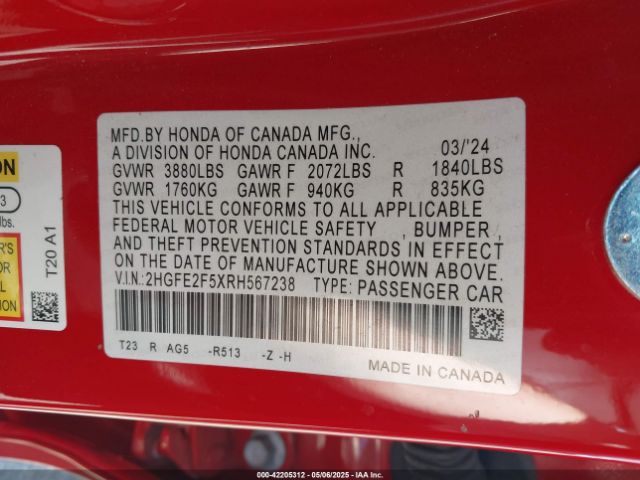 2HGFE2F5XRH567238 Honda k20c2