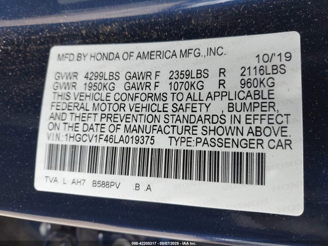 1HGCV1F46LA019375 Honda l15be