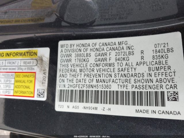 2022 HONDA CIVIC 2HGFE2F58NH515360 Photo 8