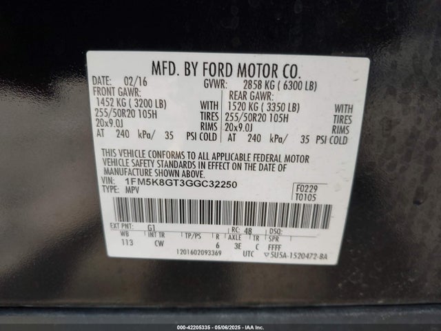 1FM5K8GT3GGC32250 Ford EXPLORER SPORT