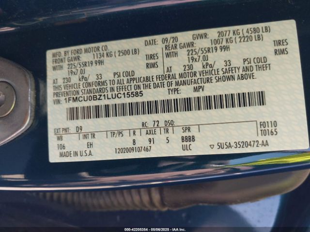 1FMCU0BZ1LUC15585 Ford Escape Se Sport Hybrid
