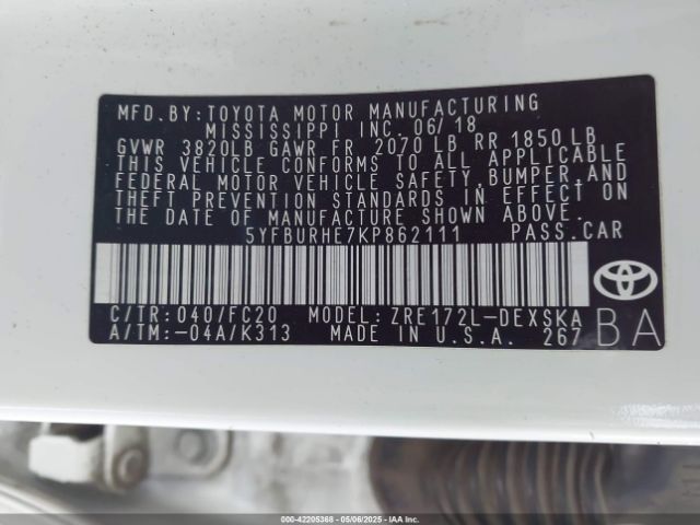 5YFBURHE7KP862111 Toyota COROLLA SE
