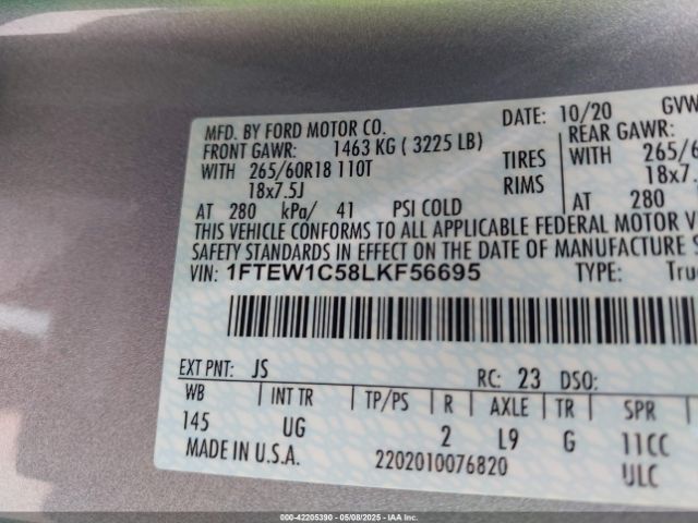 1FTEW1C58LKF56695 Ford 5.0l 4v