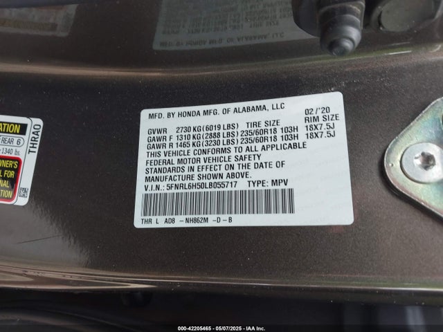 5FNRL6H50LB055717 Honda ODYSSEY EX