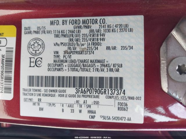3FA6P0T90GR137374 Ford FUSION SE