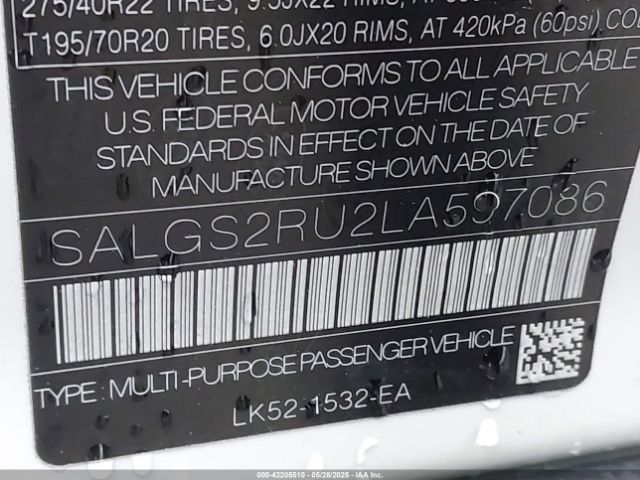 2020 LAND ROVER RANGE ROVER SALGS2RU2LA597086 Photo 8