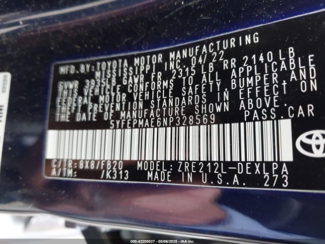 2022 TOYOTA COROLLA 5YFEPMAE6NP328569 Photo 8