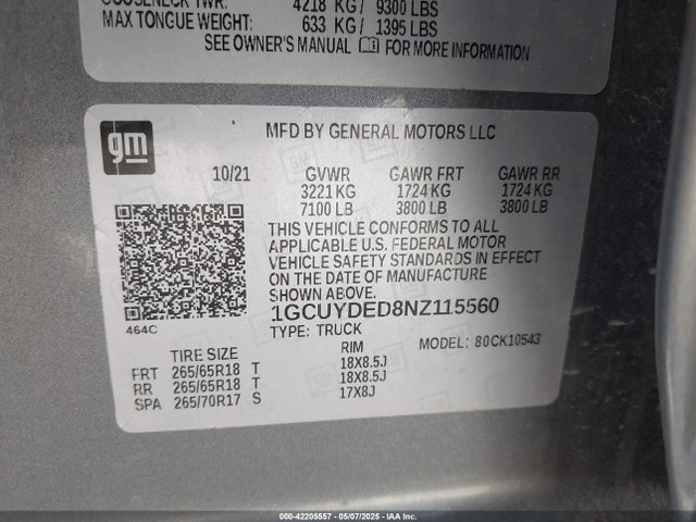 1GCUYDED8NZ115560 Chevrolet Silverado 1500 Ltd 4wd  Short Bed Lt