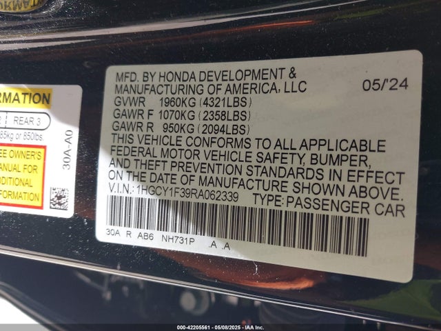 1HGCY1F39RA062339 Honda l15be