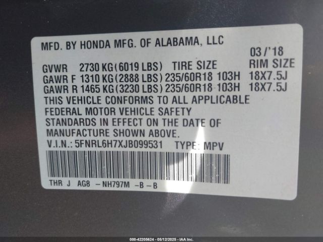 5FNRL6H7XJB099531 Honda Odyssey Ex-l