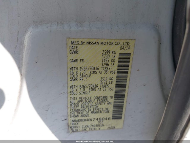1N6AD0ER4EN748046 Nissan Frontier Sv
