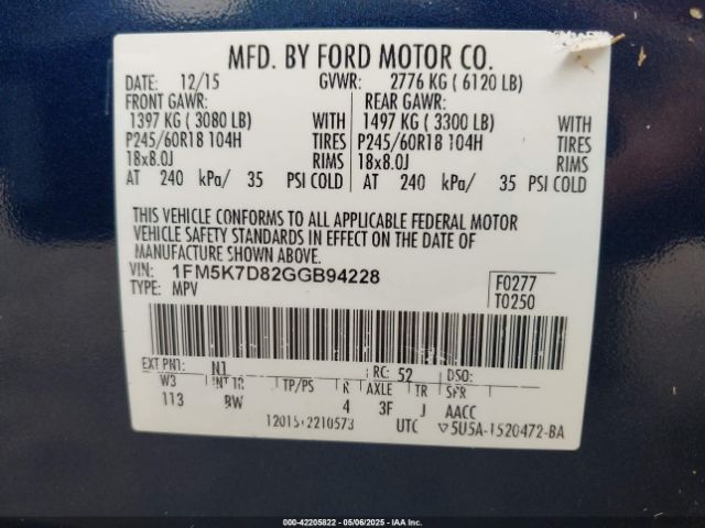 1FM5K7D82GGB94228 Ford EXPLORER XLT