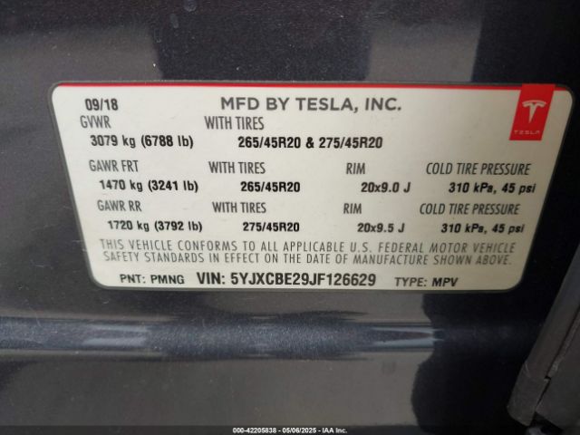 5YJXCBE29JF126629 Tesla Model X 100d/75d/p100d