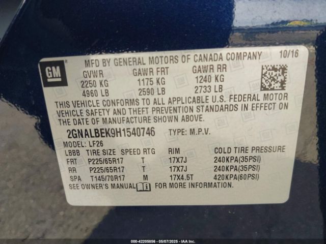 2GNALBEK9H1540746 Chevrolet EQUINOX LS