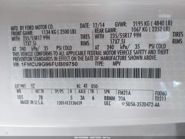 1FMCU9G96FUB09750 Ford ESCAPE SE