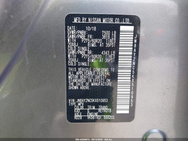 JN8AY2NC5KX510953 Nissan 2019