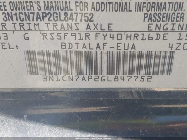 3N1CN7AP2GL847752 Nissan Versa 1.6 S